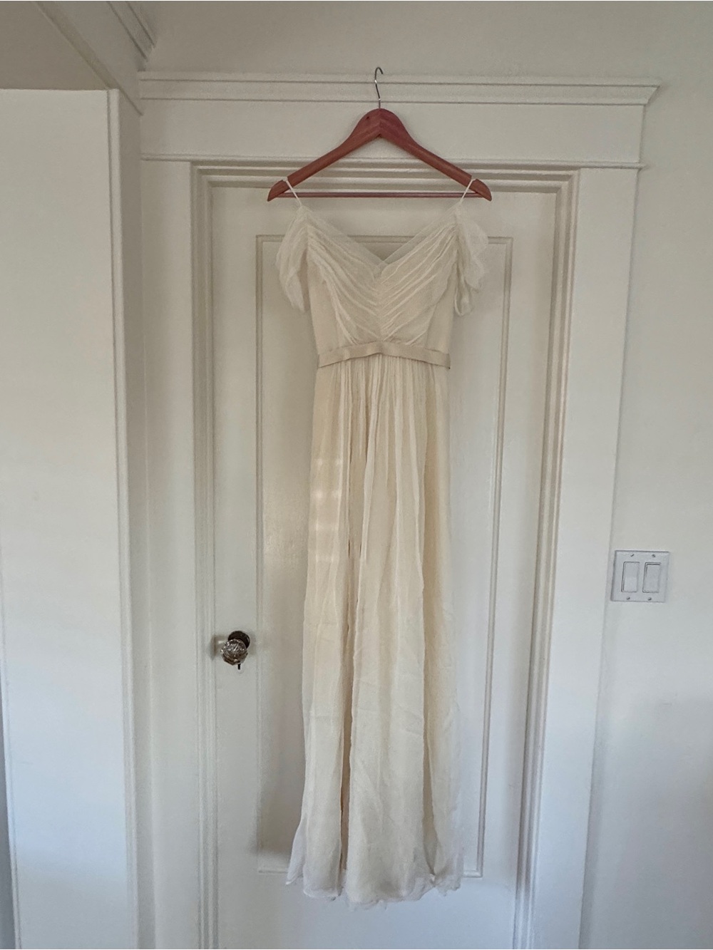 Saja Ethereal Maxi Dress, Cream Silk Dropped Shoulder with Satin Belt